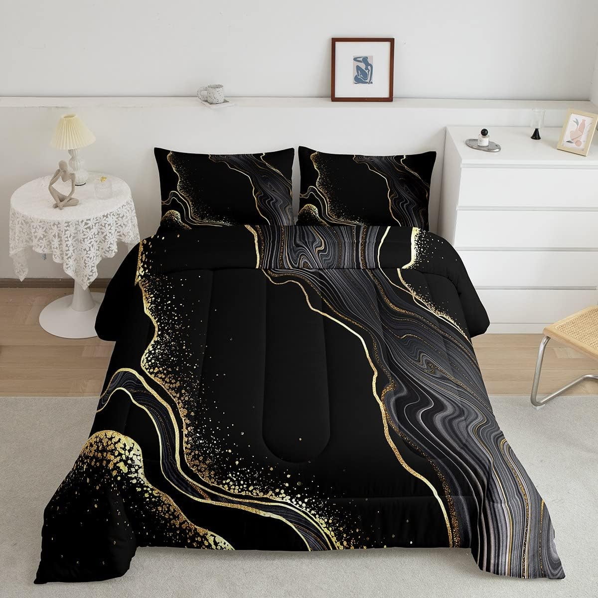YST Black Gold Marble Comforter Set Full,Glitter Marble Bedding Set