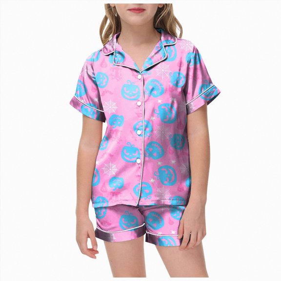 enyan Halloween Pajamas Girls Pumpkin Ghost Print Short Sleeve 2 Piece Button Down PJs for Kids Soft Sleepwear Girl Pjs(Pink,2-3 Years)