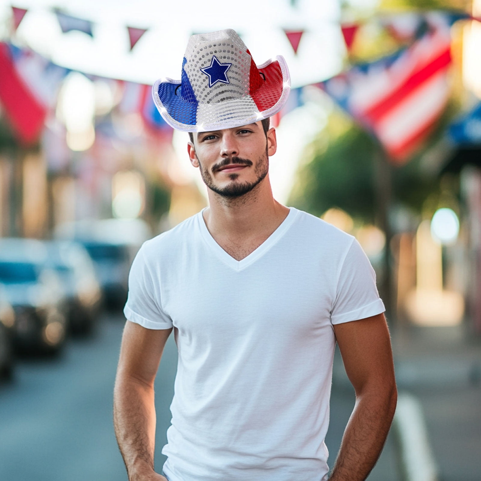 Sequin Cowboy Hat Patriotic Red White Blue Western Headwear Festival Party Sequin Red, White, and Blue 4th of July Cowboy Hat – Windy  main image 4