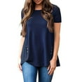 thumbnail image 4 of Annhoo Summer Tops for Women Round-Neck Asymmetrical Short Sleeve Button Decoration Short Basic Casual Tunics, 4 of 6