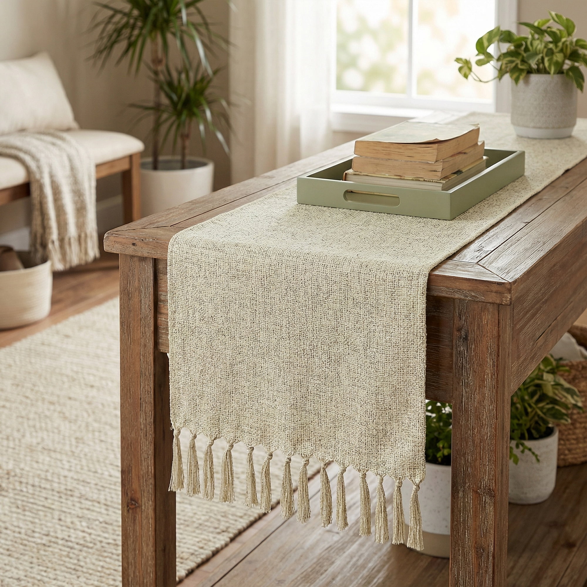 Unique Bargains Birthday Decorations Table Runner with Tassels Beige 13x72in