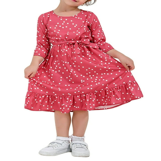 Mommy and Me Matching Clothes Mom Kid Girls Dots Print Ruffle Dress with Belt Baby Girls Romper Skirt