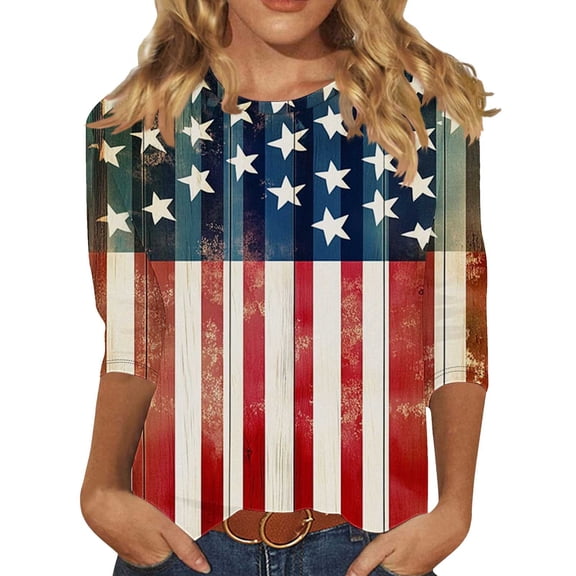 Womens Plus Size Patriotic Tshirts Crewneck American Flag 3/4 Sleeve Graphic Tees Funny July 4th Summer Tops Wine, M