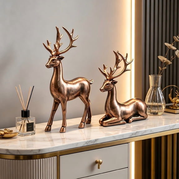 Clearance Under $6 Golden Bronze Resin Deer Figurines Set of 2 for Shelf Decor