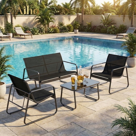 Aiho 4 Pieces Patio Furniture Set,Textilene Modern Conversation Black Set with Tea Table for Home,Lawn,Balcony, Bistro - Black