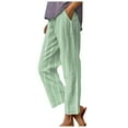 thumbnail image 2 of Beach Pants for Women 2026 Spring Summer Striped Elastic Waist Straight Leg Cotton Linen Cropped Pants with Pockets, 2 of 6