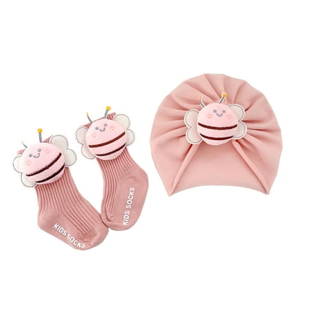

Gureui Toddler Infant Babys Girl Fall Winter Turban Hat Socks Cartoon Bee Patchwork Soft Warm Newborn Gift