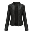 thumbnail image 2 of AZoiNM Women's Slim Fit Motorcycle Jacket PU Leather Stand Collar Zipper Front, 2 of 11