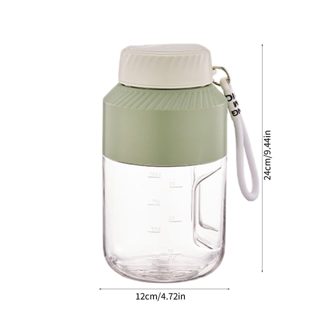 Rewenti Juicer Extractor Portable Blender with 35.19oz large capacity, featuring a green and white design, detachable handle, and lanyard. This personal blender includes a 10-blade system for milkshakes and slushies, with a clear ABS container marked for measurements. Compact and portable, ideal for juicing, direct drinking, and blending frozen ingredients.