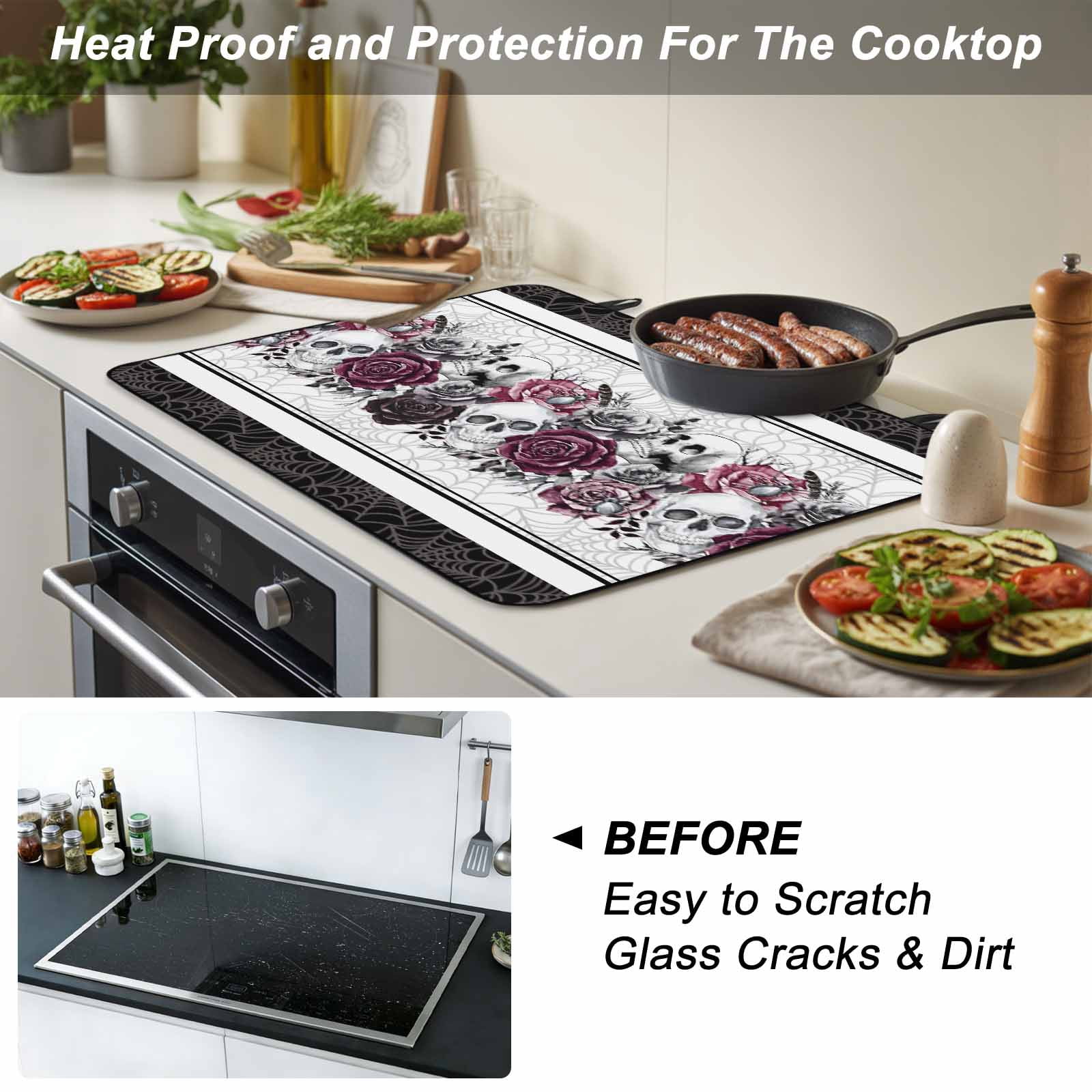 Halloween Stove Top Cover for Electric Stove, Heat-proof & Non Slip Glass Top Stove Cover Protector, Black Purple Skull Roses Horror Flower Kitchen Flat Cooktop Rubber Mat 24x21 Inches