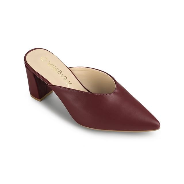 BLISSFUL STEP Women's Pointed Toe Chunky Heels Slides Mules Burgundy (Size 8)