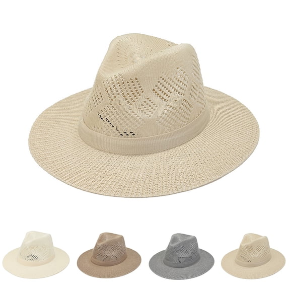 Unisex Wide Brim Straw Fedora Panama Sun Hat, UPF 50 UV Protection Breathable Woven Beach Hat, Packable Lightweight Jazz Dress Hat for Men Women Summer Travel Vacation, 4 Colors