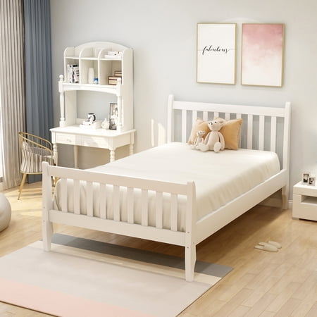 Twin Size Bed Frame with Headboard  Solid Wood Slat Support Platform Bed Frame  White 80  L X 41.3  W X 40.4  H  Loaded Weight 300lbs