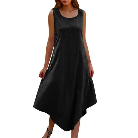 Kukoosong Women s Casual Sleeveless Loose Fit Round Neck Tea-Length Dress with Side Buttons and Irregular Hem Dress