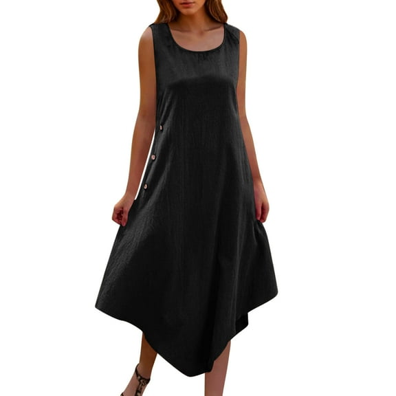 Dresses for Women 2026 Casual Spring Solid Color Loose Sleeveless Round Neck Side Buttons Irregular Dress A-Line Casual Loose T-Shirt Beach Sundress