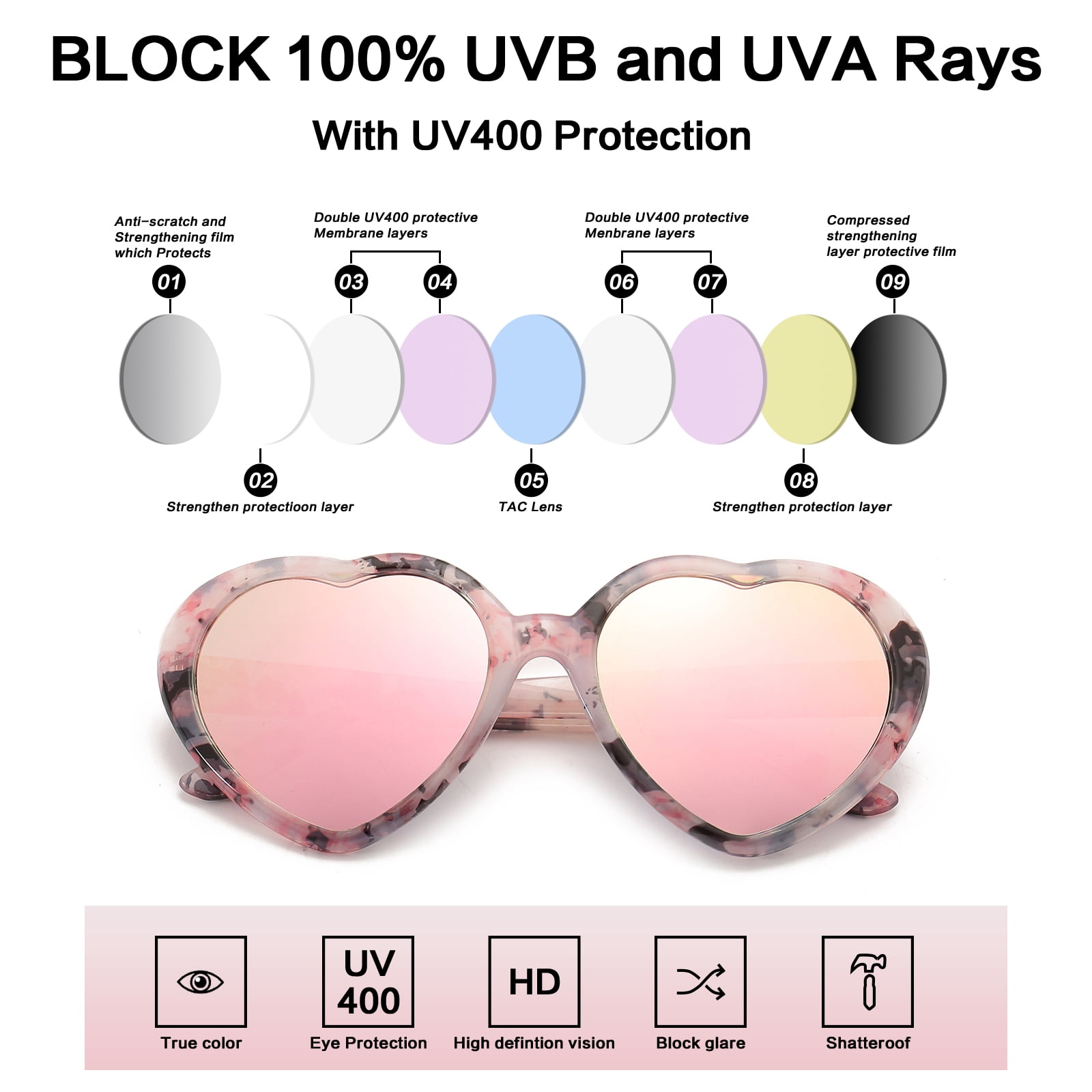 LVIOE Heart Sunglasses for Women, Polarized Heart Shaped Sunglasses with UV Protection Heart Style Retro Glasses for Shopping