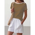 thumbnail image 4 of ANRABESS Womens Boat Neck Tops Short Sleeve T-Shirts Causal Fashion Tee Shirts 2026 Summer Spring Clothes Brown White Stripe Small, 4 of 7