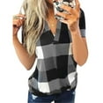 thumbnail image 1 of T-Shirt Femme Col en V Manches Courtes Imprimé à Carreaux Blouse Décontractée, Gris, L, 1 of 6