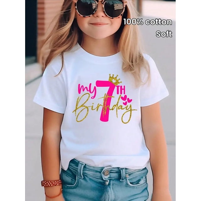 Girls' Casual T-Shirt With My 7th Birthday Graphic, 100% Cotton, Soft & Elastic, Comfy Crew Neck Short Sleeve Top, Summer Wear