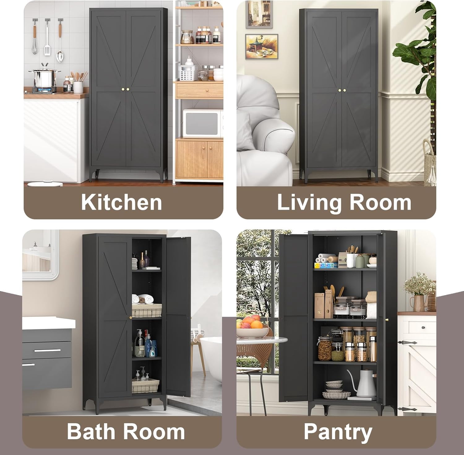 Howcool 65" 2-Door Steel Storage Cabinet with Adjustable Shelves for Kitchen Living Room Office, Black