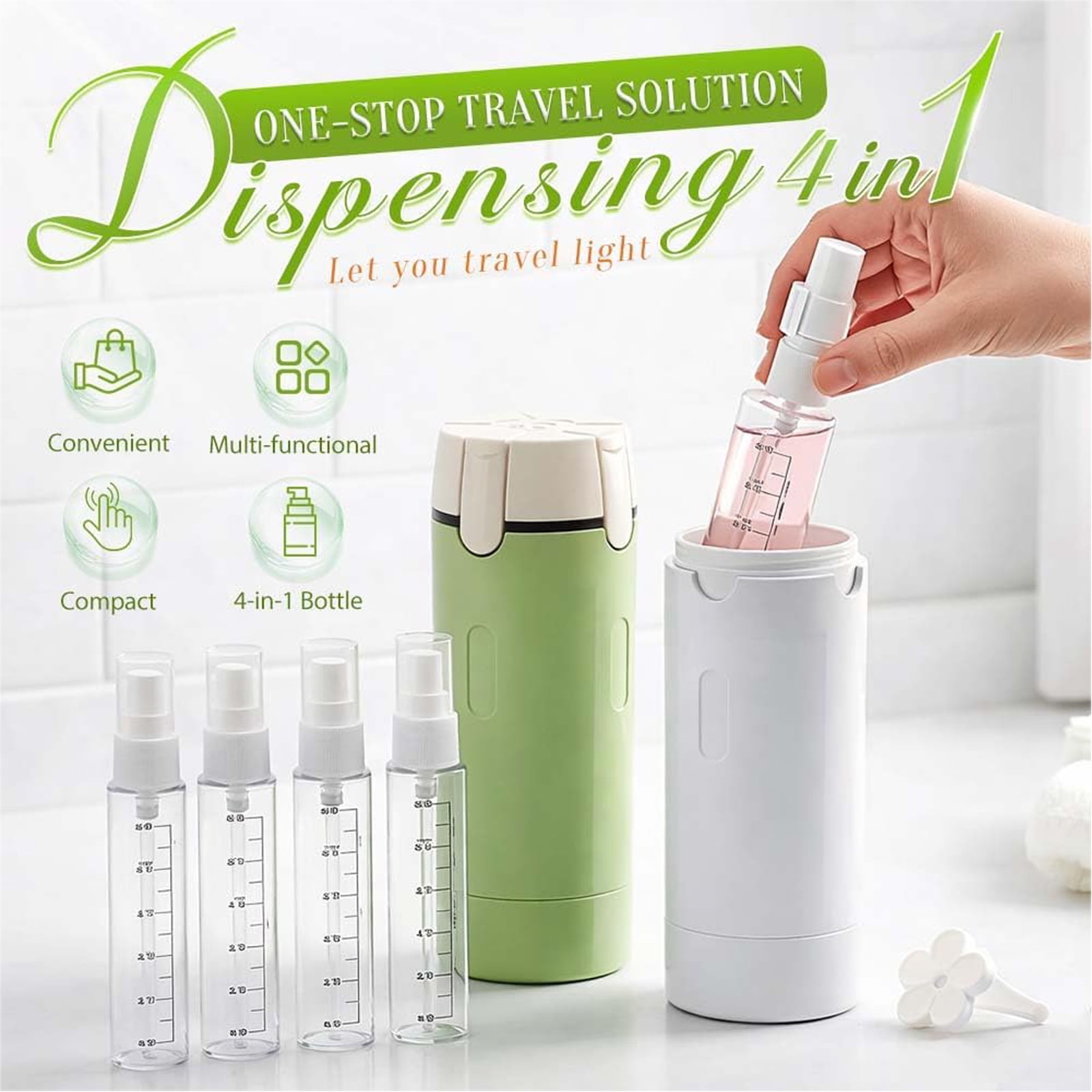 4-in-1 Travel Dispenser Bottle,4-in-1 Refillable Travel Dispenser Bottles for Toiletries,Portable Leak Proof Pump Toiletry Containers with Scale and Label,for Shampoo Lotion Conditioner Cream