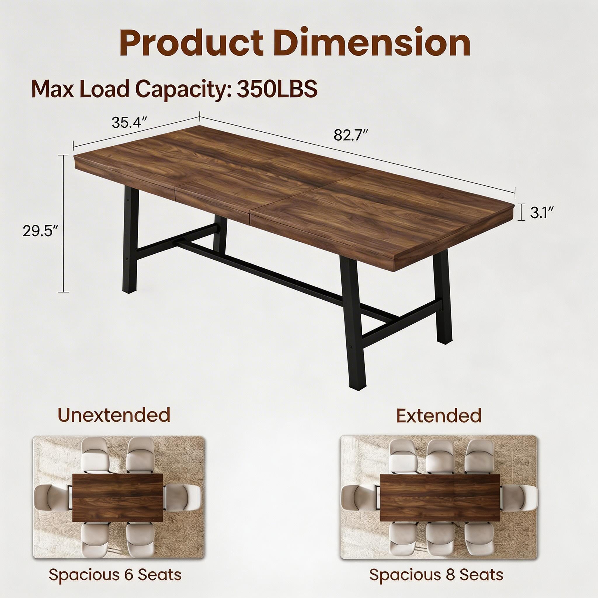 63"-83" Extendable Industrial Dining Table - Seats 6-8 - Expandable Rectangular Kitchen Table with Metal Frame for Parties-Brown
