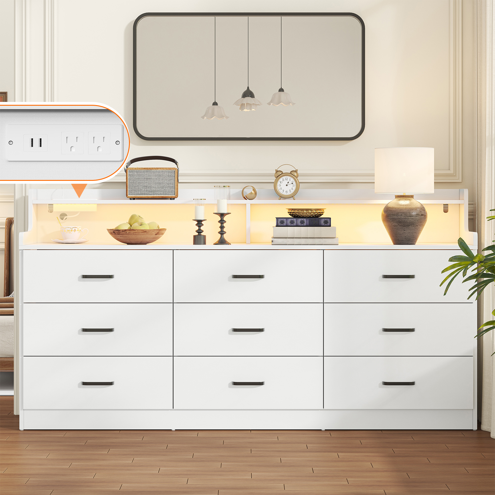 Frmobepts 9 Drawers Dresser, 63" White Drawer Dresser with Power Outlet, Accent Chests of Drawers with LED Light, Modern Storage Dresser for Bedroom, Living Room
