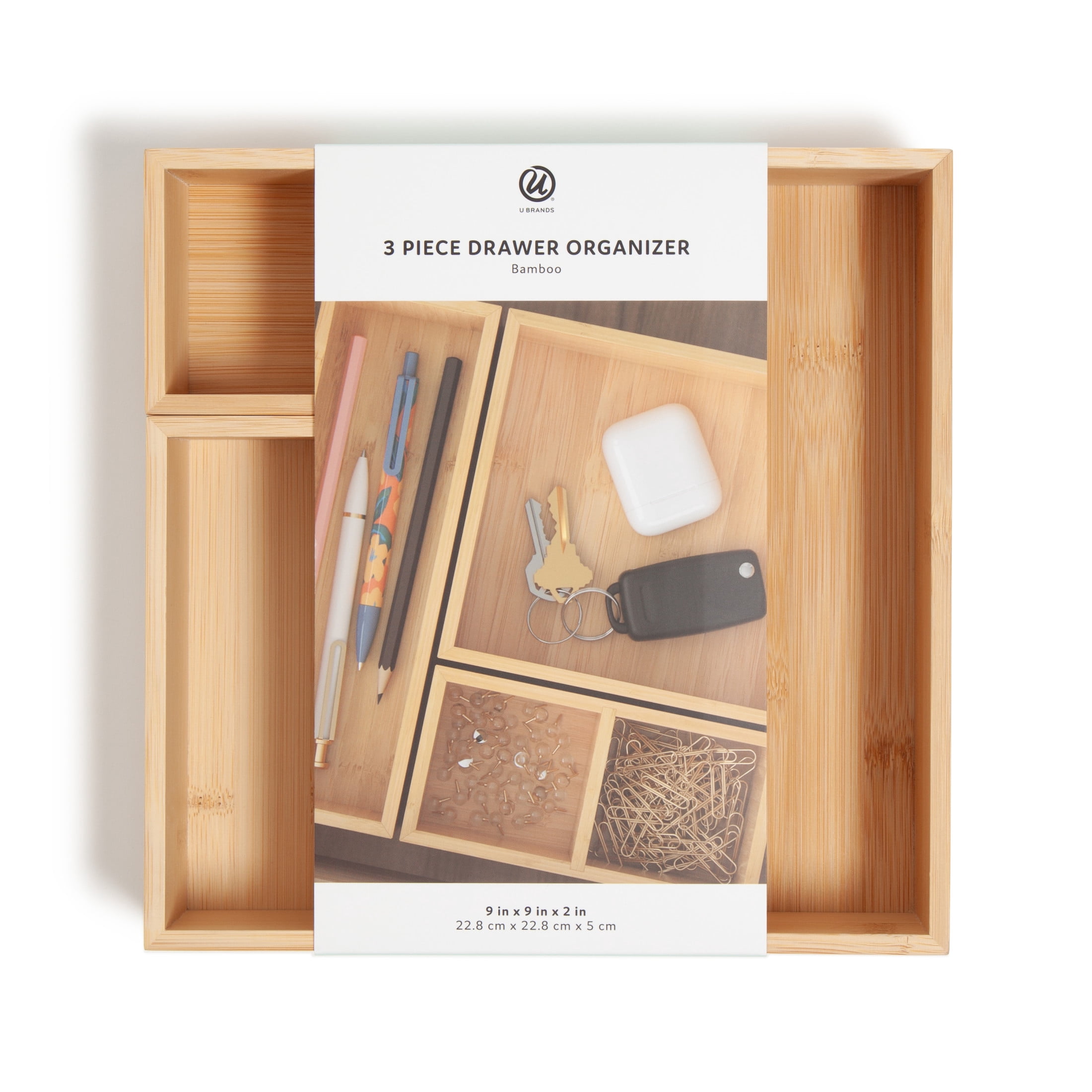 U Brands Verona Drawer Organizer, 9x9x2 in., Bamboo, Great Storage Solution for Drawers, 4 Compartments