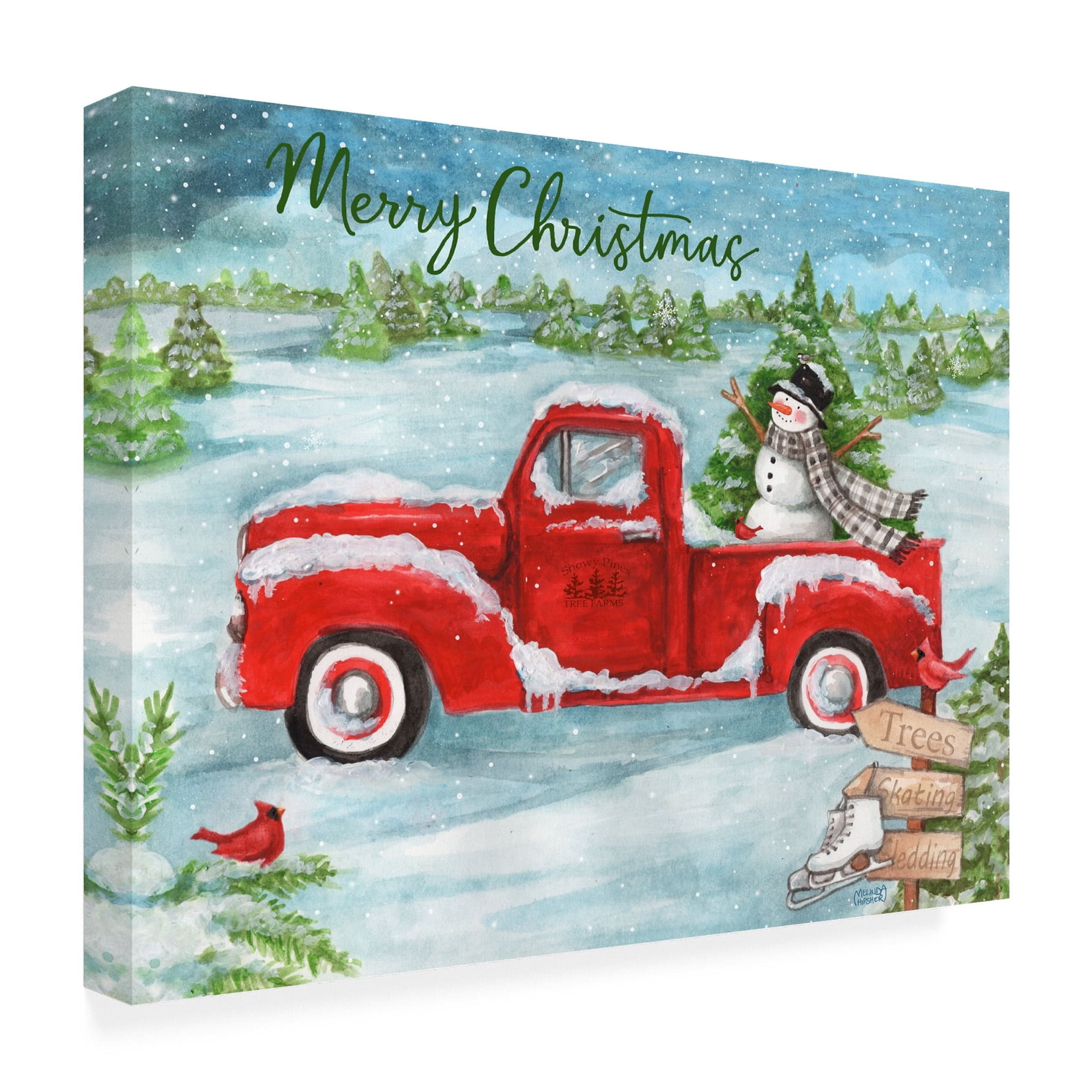 Melinda Hipsher 'Red Truck With Snowman And Birds' Canvas Art