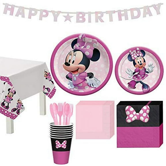 Party City Minnie Mouse Forever Kids Birthday Party Supplies for 8 Guests, Disney Plates, Napkins, Cups, Utensils, and Decorations