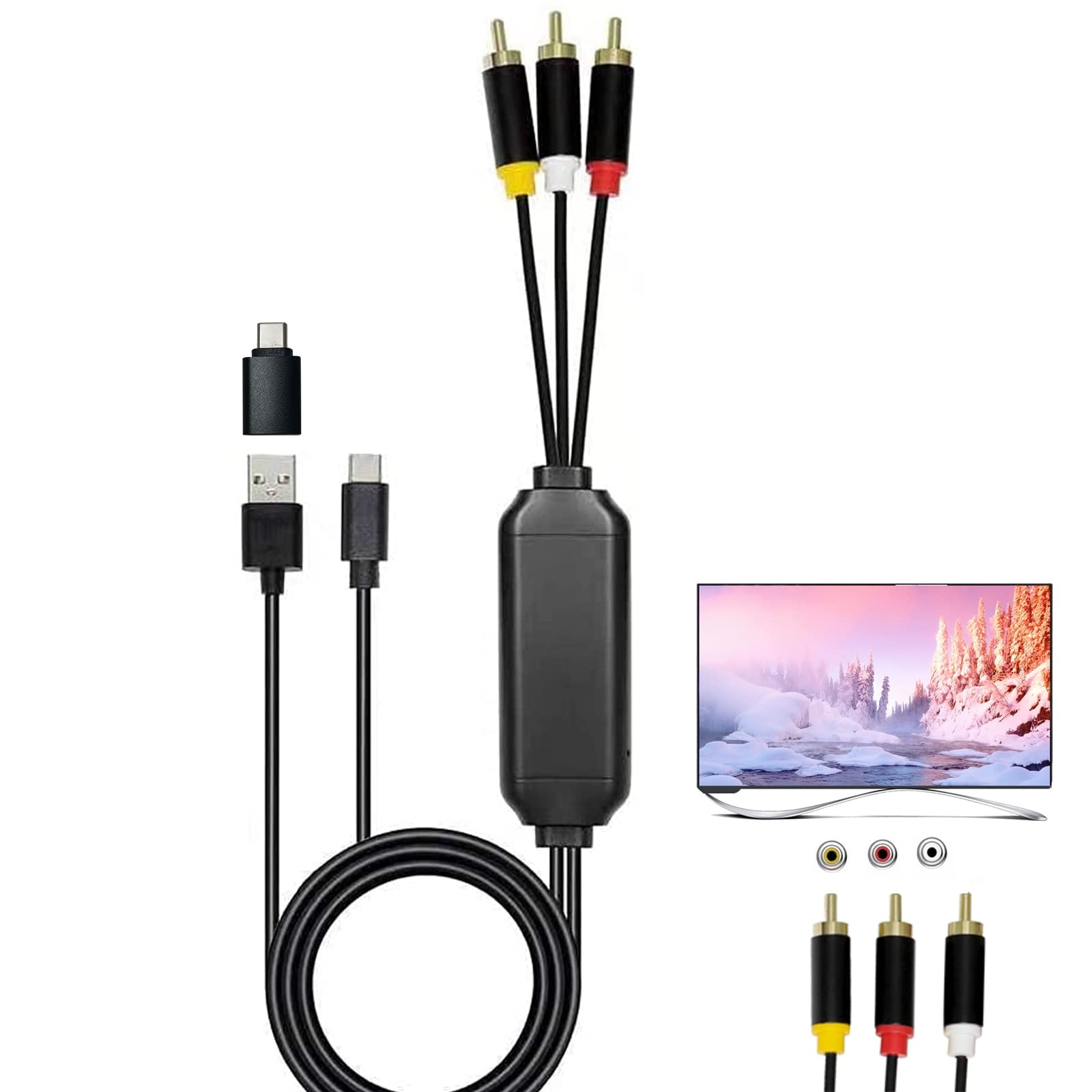 USB-C to RCA AV Adapter 3-RCA Cable Screen Mirroring Video/Audio Sync for Phone/Tablet/Laptop to TV/Projector/Car Monitor