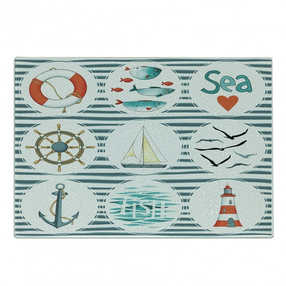 Nautical Cutting Board, Sea Set Fishes Life Gulls Lighthouse Marine Inspired Maritime Theme, Decorative Tempered Glass Cutting and Serving Board, Small Size, White Red Blue, by Ambesonne