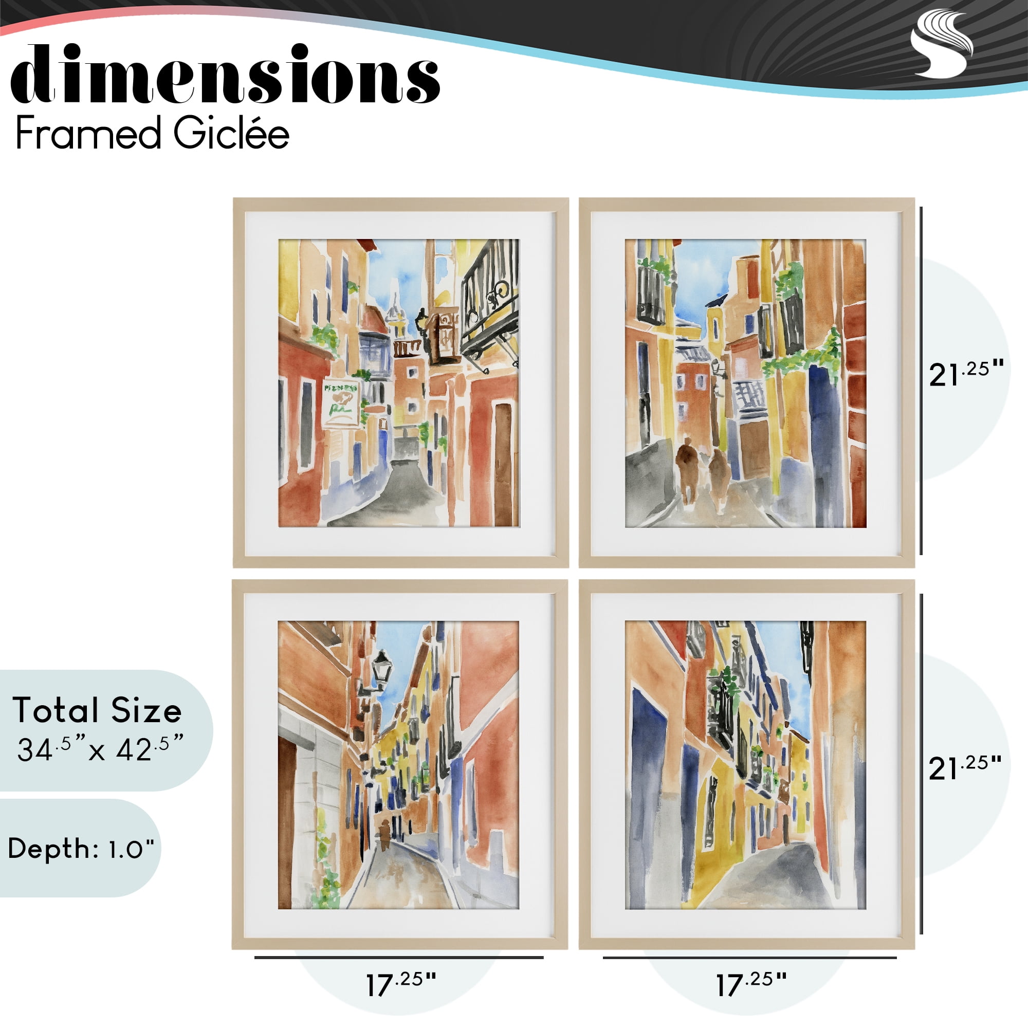 Stupell Industries Madrid Buildings & Architecture 4 Piece Birch Framed Print Under Glass Set, design by June Erica Vess