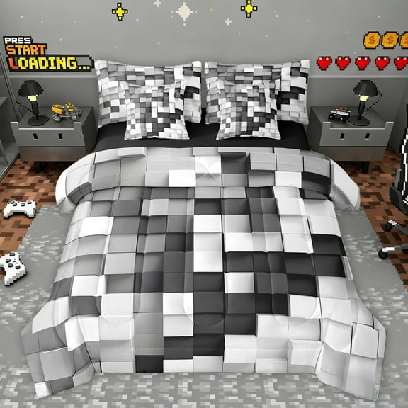 Homewish Colorful Plaid Grid 7-Piece Twin Bedding Sets For Boys Girls,Futuristic Cubes Bedding Comforter Set,Abstract Geometric Breathable Sheet Sets,Super Cozy Room Decor,Reversible