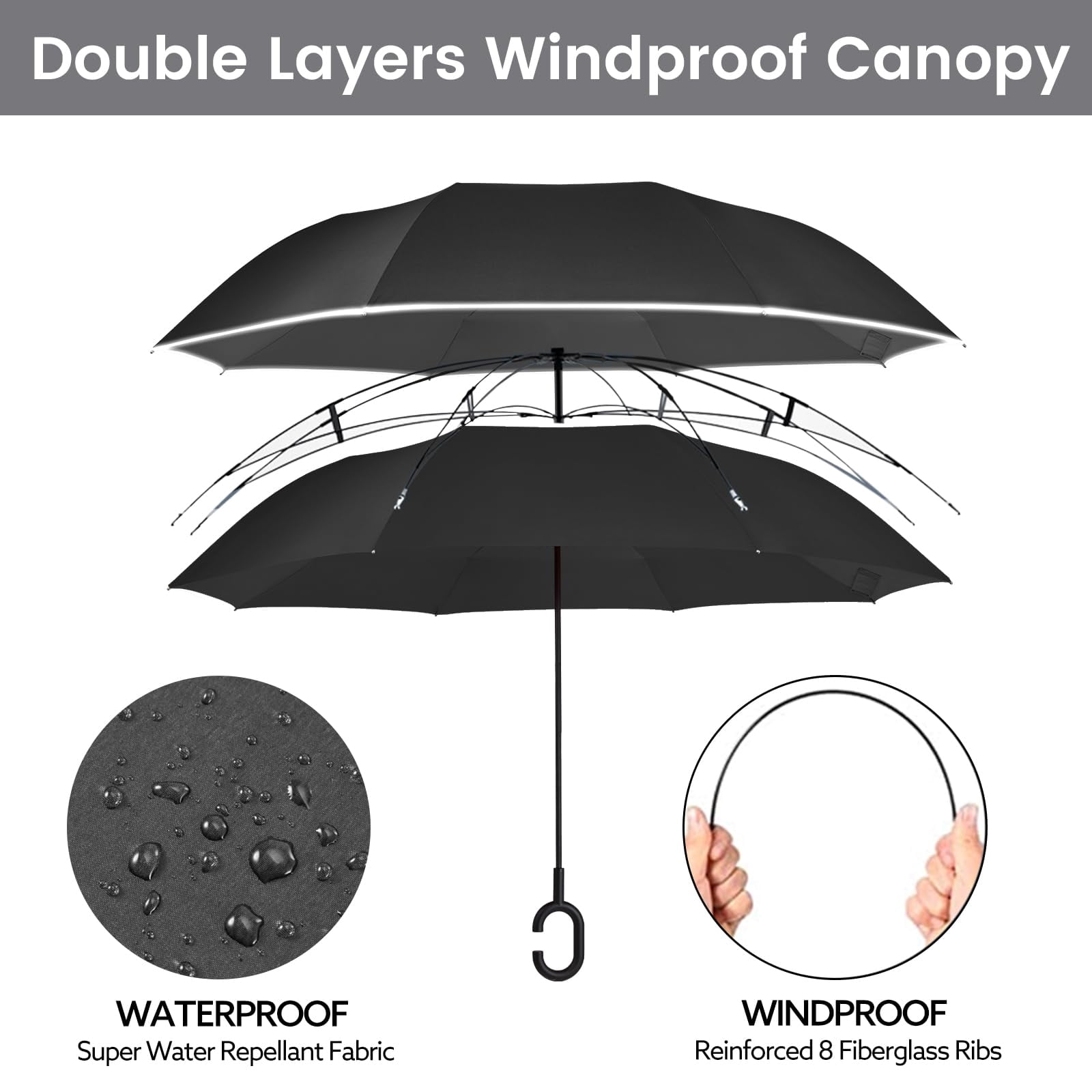 G4Free 48/62 Inch Large Inverted Reverse Umbrella with C-Shaped Handle, Windproof Double Layer Upside Down Car Rain Umbrellas for Men Women
