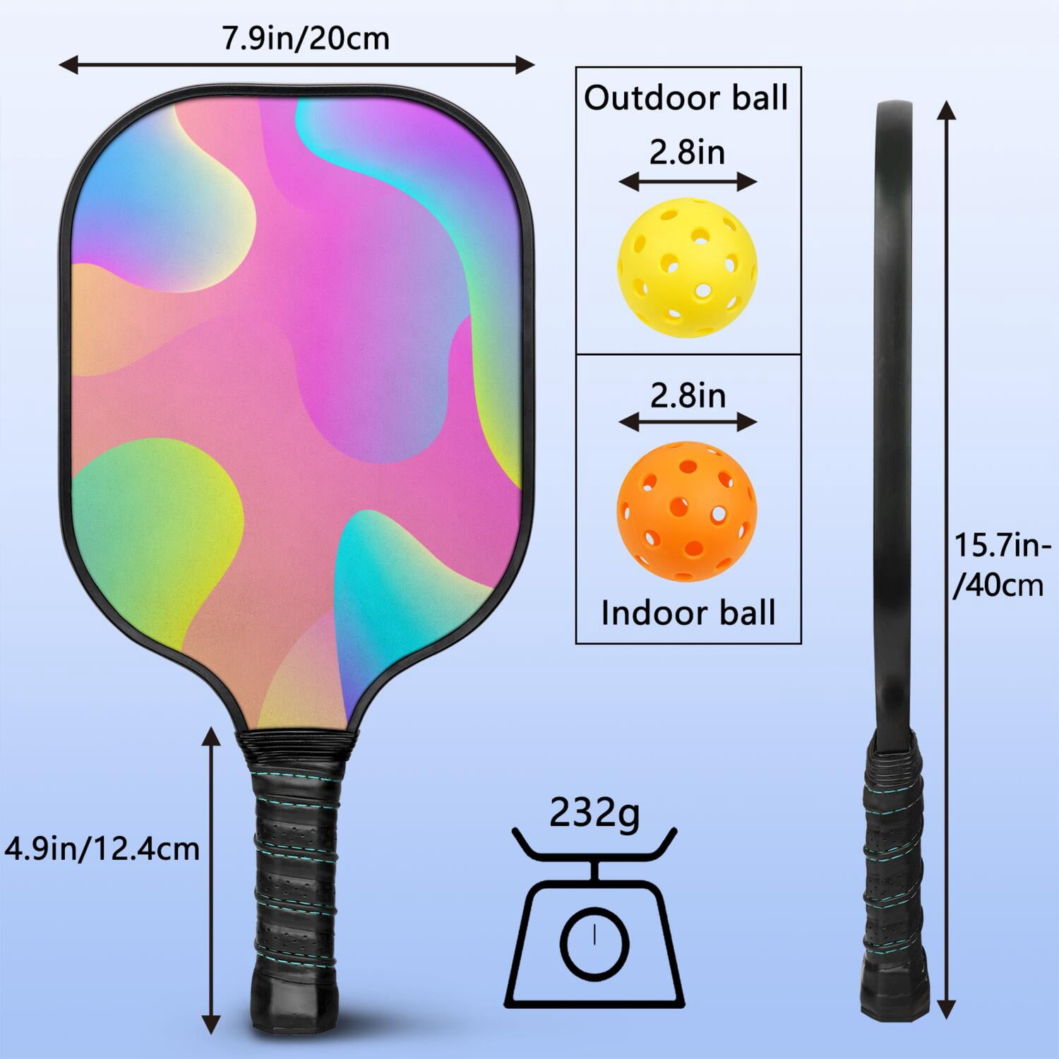 Pickleball Paddles Set Of 2, Fiberglass Surface, Neon Fluid Print, 4 Balls & Bag