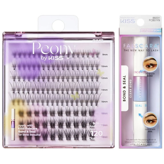 Kiss Peony False Eyelashes, Cluster Lashes, Misty Haze, Black, 9mm-16mm, 120 Pieces and Kiss FALSCARA Bond & Seal for Lash Clusters, Adhesive Form Clear, Net Wt. 8.7 G (0.29 oz.)