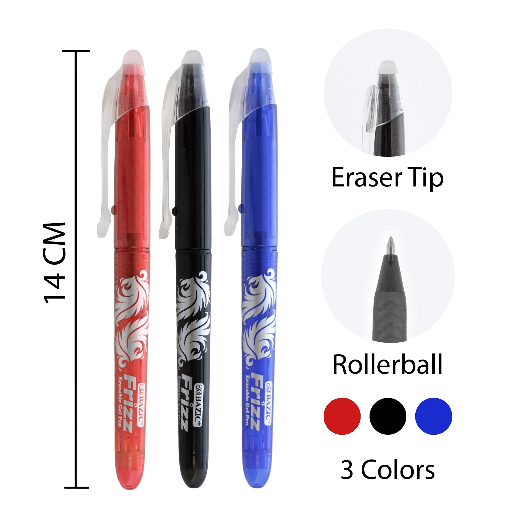 BAZIC Frizz Erasable Gel Pen 0.7mm Assorted Color, (3/Pack), 1-Pack