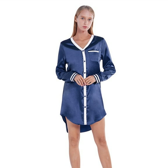Silky Satin Nightgowns for Women Long Sleeve Sexy Short Nightshirts Sleepwear Casual Pajama Nightdress with Pocket, Royal Blue S-2XL