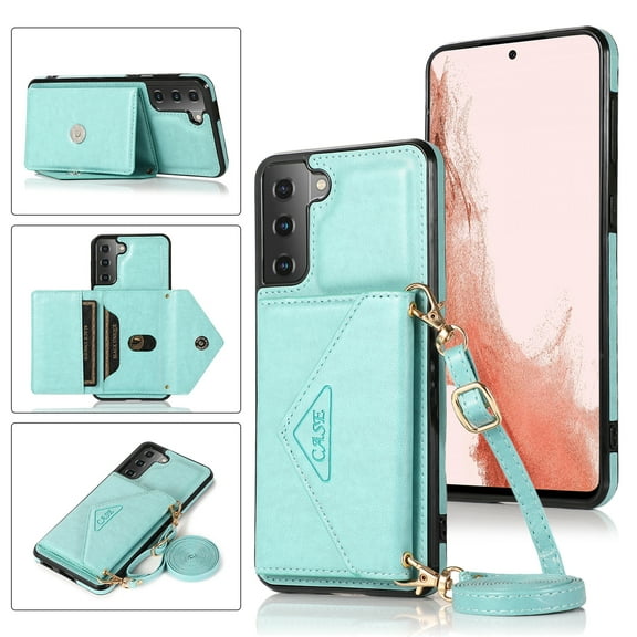 Feishell Crossbody Wallet Phone Case for Samsung Galaxy S22+ 5G with Removable Shoulder Strap,for Women Girls,Magnetic Clasp Credit Card Slots PU Leather Kickstand Shockproof Phone Case,Mint