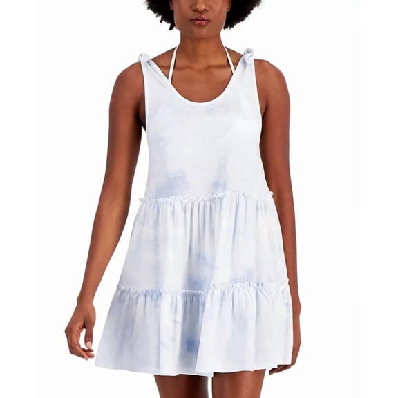 Miken WHITE/HYDRANGEA Cotton Tie-Dye-Print Tiered Cover-up Dress, US X-Large