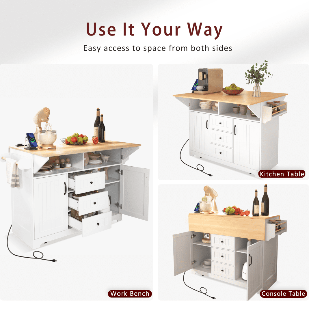 56" Large Kitchen Island with 2 Drop Leafs, Rolling Kitchen Cart on 5 Wheels W/Power Outlet & 3 Drawers, Folding Storage Dining Table W/Spice & Towel Racks, for Kitchen, Dining Room, White