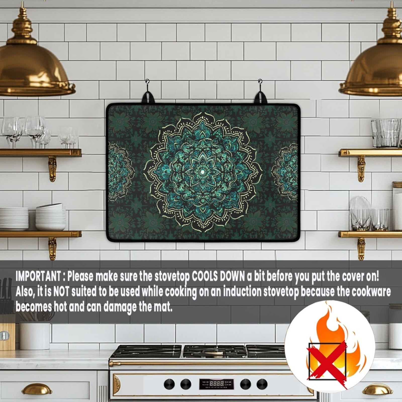Renewold Electric Stove Cover Glass Stove Top Cover Heat Resistant Anti-slip Stovetop Protector Cover Cooktop Mat Extra Counter Space Extra Large, Boho Flower Green