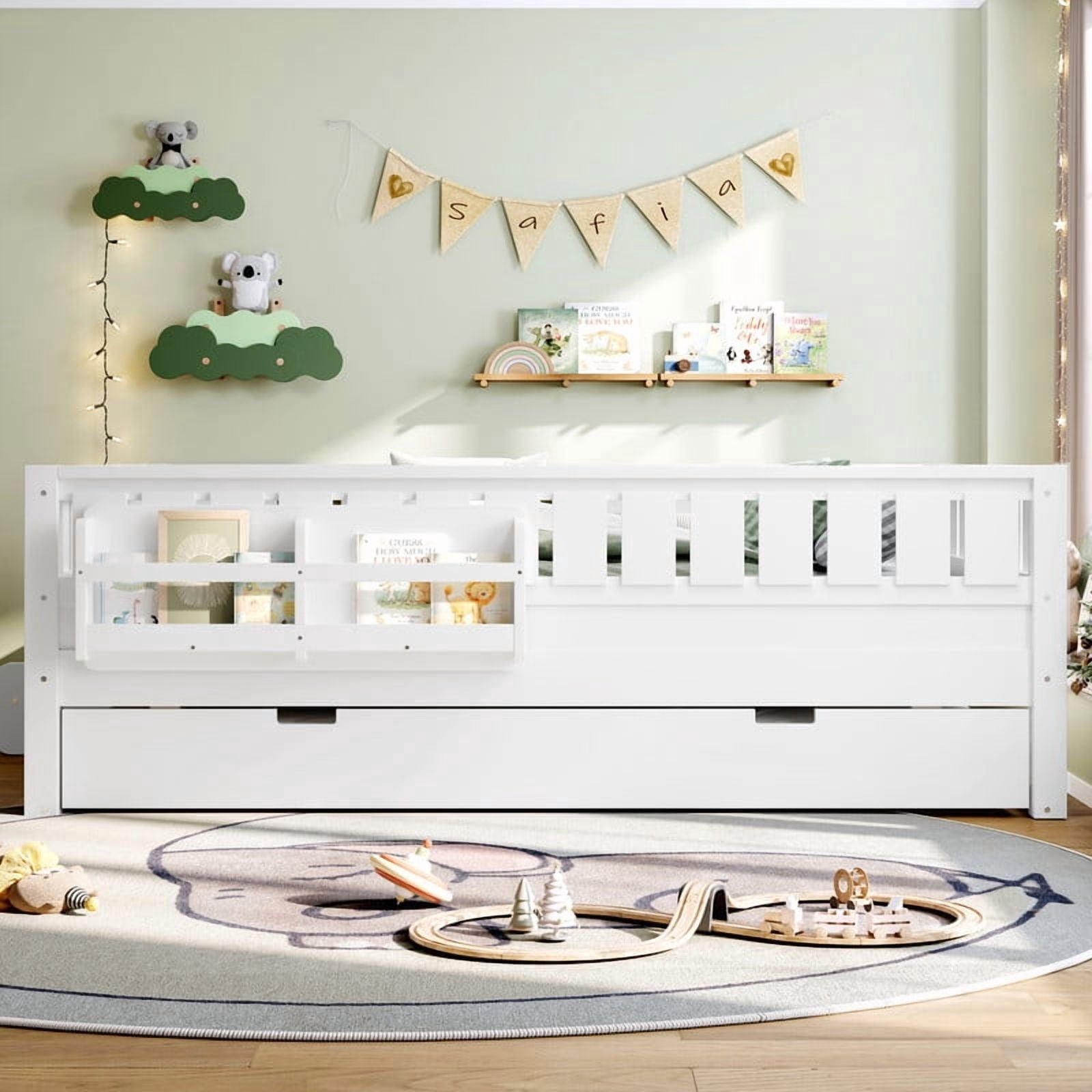 Full Size Low-Profile Kid's Platform Bed with Built-in Bookshelves & Small Staircase, Wooden Bed Frame with Safety Rails & Trundle