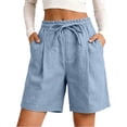 thumbnail image 6 of Thick Thigh Shorts Only Moment Hiking Shorts for Women Cotton and Linen with Pockets High Waisted Stretch Knee Length Shorts for Women Summer Walking Light Blue,L, 6 of 7