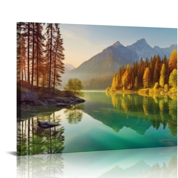 JRXY Beautiful Lake Mountain Range Sunrise Sunset Landscape Canvas Wall Art for Living Room, Autumn Forest National Park Scenery, Nature Scenic Picture Print Artwork Painting Decor,Inner 20x16in