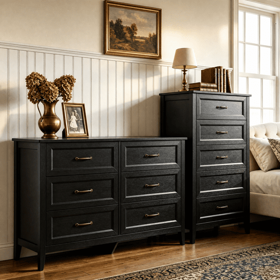 Gizoon 2 Pieces Black Dresser Set with 5 and 6 Wooden Chest of Drawers, Modern Bedroom Furniture Set also for Living Room