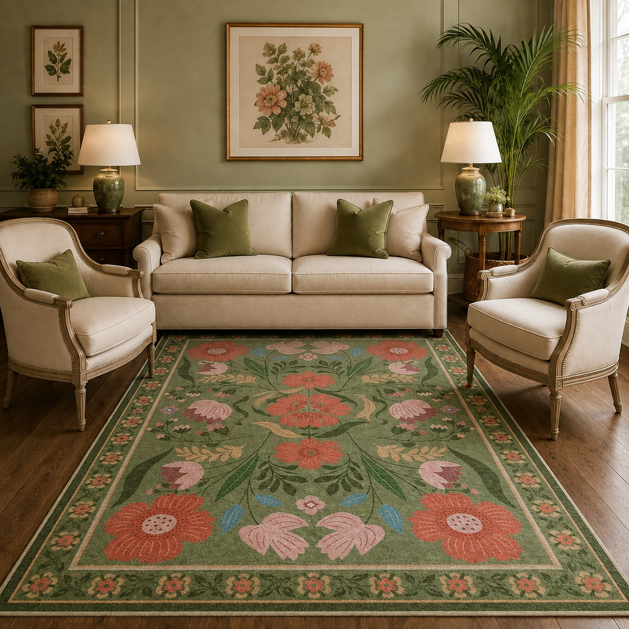 Moynesa 5'x7' Vintage Farmhouse Floral Area Rugs for Living Room, Washable Cottagecore Green Botanical Rugs for Bedroom, Soft Colorful Boho Flower Accent Carpet for Dining Room Nursery Dorm Apartmen