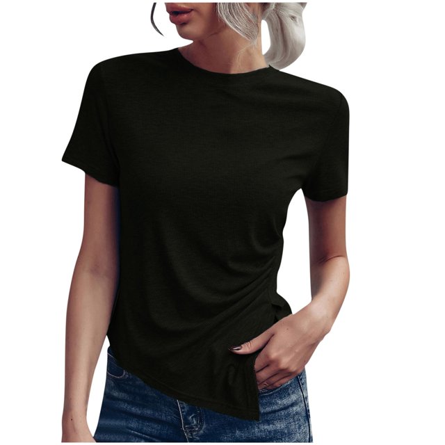 MPWEGNP Hauts à Manches Courtes Unis pour Femmes, T-Shirt Décontracté à Col Rond, Ourlet Asymétrique, Coupe Ample, Manches Courtes, Noir 3TG