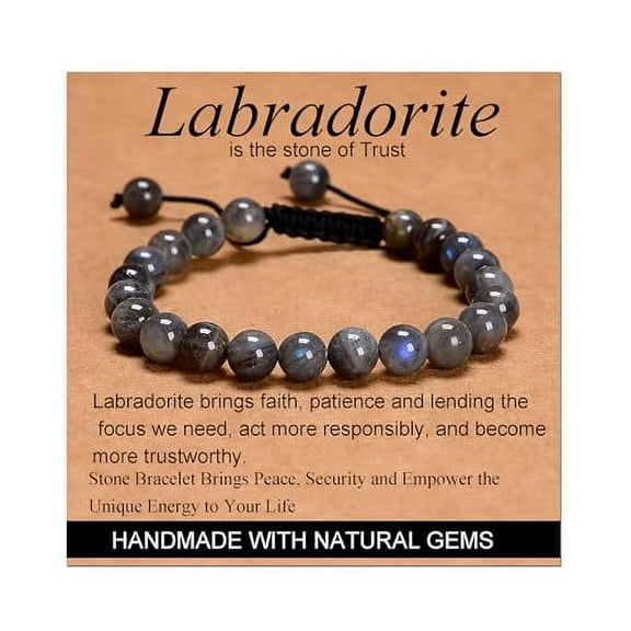 Labradorite Beads - Stone of Trust - Handmade Yoga Natural Stone Crystal Healing Power Energy Gifts for Unisex Adult Bracelet Macrame Adjustable 6mm